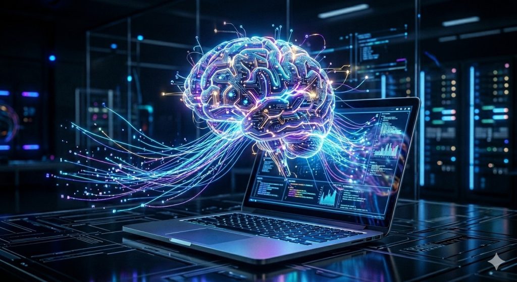 AI-powered modern workspace with glowing digital technology interface on laptop screen