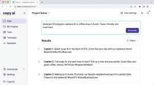 Copy.ai interface showing prompt for Instagram captions for a local coffee shop and example AI generated captions