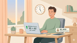 Illustration of David in Colorado with laptop showing billable hours increase from 30 to 42 per week and $2,400 more monthly income after using AI time tracking
