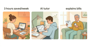Illustration showing three USA examples of everyday AI: mom saving 3 hours on grocery list, college student using AI tutor for math, retiree using AI to explain medical bills