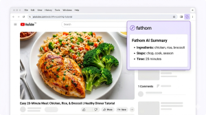 Fathom AI browser extension summarizing a 20 minute YouTube cooking tutorial into 3 bullet points for ingredients, steps, and time