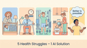 Health struggle icons including poor sleep, stress, fitness confusion, meal prep failure, and low energy pointing to glowing AI solution with checkmarks