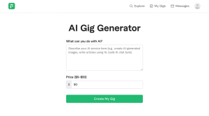 Fiverr AI Gig Generator interface showing fields to describe AI service and set price between $5 and $50