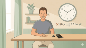 Illustration of James from Arizona at his desk with Oura Ring and Sleep Cycle app, clock showing sleep improved from 5 to 6.5 hours per night