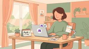 Illustration of Lauren, a freelance graphic designer in Oregon, using Make automation to reduce payment time from 30 to 14 days with robot arm handling invoices