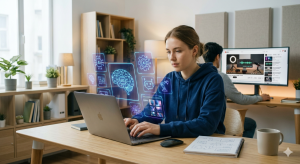 Person learning artificial intelligence tools on laptop with YouTube and AI concept visualization