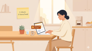 Illustration of a woman named Maria working from her kitchen table with 4 clients earning $200 each per month using AI side hustle tools