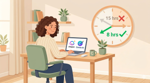 Illustration of content creator Megan in Colorado working on laptop with Jasper and Canva AI icons, wall clock showing time saved from 15 hours to 8 hours per week