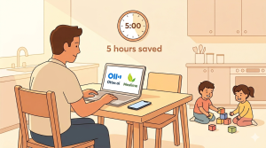 Illustration of busy dad Mike from Chicago using Otter.ai and Mealime on his laptop, with 5 hours saved text on wall clock and two happy kids playing nearby