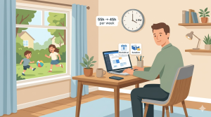 Illustration of Mike from Colorado at his desk with AI productivity tools Reclaim and Sanebox, clock showing 3 PM, kids playing outside, work week reduced from 55 to 45 hours