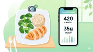 Smartphone taking a photo of a plate of chicken, rice and broccoli, screen showing 420 calories and 35g protein from MyFitnessPal AI