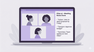 Otter AI meeting notes sidebar showing action items, decisions, and summary extracted from a virtual meeting with three participants