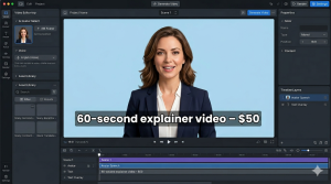Synthesia interface showing AI avatar woman speaking in a 60 second explainer video for $50 service