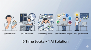 Five time tracking struggles illustrated: under-biller with small paycheck, over-worker late at night, meeting victim with calendar, distraction magnet with email and Slack icons, and wanting to work smarter – with text AI solution below