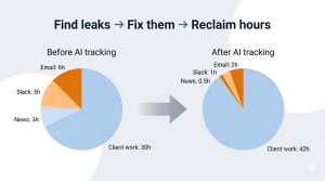 Pie chart comparison showing before AI tracking with 14 hours of distraction (email, Slack, news) and only 30 client hours, after tracking with client hours increased to 42 by reducing distractions