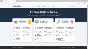 TinyWow free AI tool homepage showing PDF editing and image conversion options