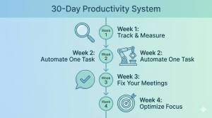 30-day productivity implementation plan timeline showing week 1 track and measure, week 2 automate one task, week 3 fix meetings, week 4 optimize focus