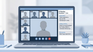 AI meeting assistant sidebar showing live summary, action items, and decisions extracted from a virtual meeting conversation