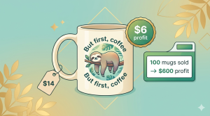 AI designed mug with sloth and coffee quote showing $14 selling price, $6 profit, and 100 sales equals $600 earnings