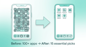 Comparison of cluttered phone with 50+ apps versus clean organized phone with 5 category folders and 15 essential apps – showing app reduction