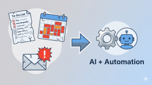 Illustration showing broken productivity tools: crumpled to-do list, overloaded calendar, overflowing email inbox – arrow pointing to AI and automation solution