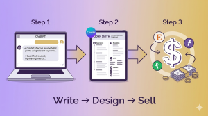 Three-step illustration of AI resume side hustle: ChatGPT writing resume content, Canva designing templates, then selling on Etsy and Fiverr for cash