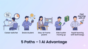 Five types of learners illustrated: career switcher wanting to quit job, broke student, stay-at-home parent working with baby, side hustler leveling up income, and person with rocket for fast AI learning