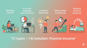 Five types of people illustrated: working parent with baby, 9-to-5 worker wanting extra cash, creative wannabe with paint palette, side hustler scaling income, person earning passive income while sleeping – with text AI solution for passive income