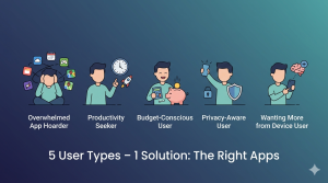 Five user types illustrated: app hoarder with many icons, productivity seeker with rocket, budget-conscious with piggy bank, privacy-aware with shield, and device user wanting more – with text the right apps solution below