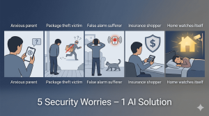 Five home security struggles illustrated: anxious parent awaiting child alert, package theft on porch, false alarm from cat, insurance shopper with calculator, person sleeping while AI watches – with text AI solution below