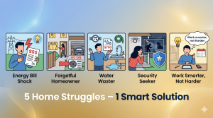 Five homeowner struggles illustrated: shocked by energy bill, forgetful with lights and garage, frustrated by water bill, seeking security, and wanting smarter home – with text smart solution below