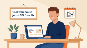 Illustration of Jason in Michigan who learned AI website building in 30 days, now earning $3,000 per month and quit his warehouse job