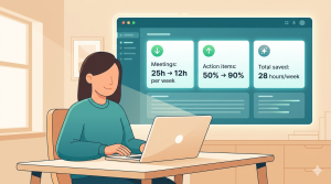 Illustration of Jennifer in California with dashboard showing meetings reduced from 25 to 12 hours per week, action items up from 50% to 90%, and 28 total hours saved using productivity system