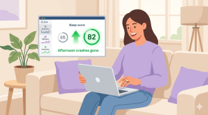 Illustration of Lisa in Colorado who improved her sleep score from 65 to 82 using Oura Ring AI, eliminating afternoon crashes and feeling more energetic