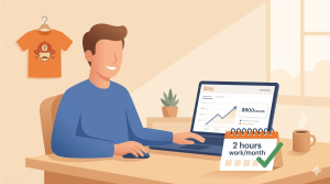 Illustration of Mark, a retired firefighter in Florida, earning $800 per month from AI‑designed t‑shirts on Etsy working only 2 hours monthly