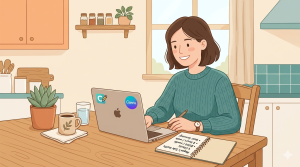 Illustration of Megan, a teacher in Florida, earning $1200 per month from 4 AI social media clients working 8 hours per week using Copy.ai and Canva