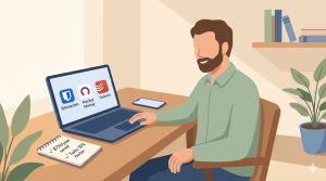 Illustration of Michael in Oregon using Bitwarden, Rocket Money, and Todoist – saving $720 per year and completing tasks 30% faster