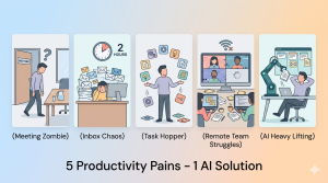 Five productivity struggles illustrated: confused meeting zombie, drowning in emails, juggling projects, remote team struggling, and person relaxed with AI robot helper – with text AI solution below