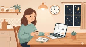 Illustration of Rachel in Oregon who created a ChatGPT prompt pack for busy moms, sold 400 copies and earned $4,800 in 6 months while working full time and parenting