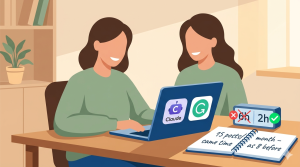 Illustration of Sarah in Colorado using Claude and Grammarly, reducing blog post writing time from 6 hours to 2 hours per post, now publishing 15 posts per month