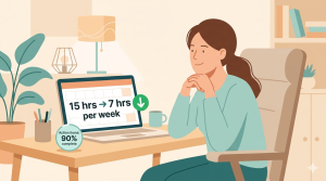 Illustration of Sarah in Texas with laptop showing meeting hours reduced from 15 to 7 per week and action item completion at 90% using AI meeting tools