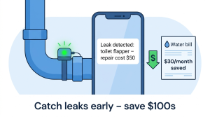 Smart leak detector on pipe with phone notification of toilet leak, repair cost $50, water bill savings $30 per month – catching leaks early saves hundreds