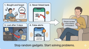Four smart living failures: forgotten smart plug, unlinked budgeting app, lost fitness tracker, false doorbell alerts – arrow pointing to solution of choosing a problem and letting AI handle it