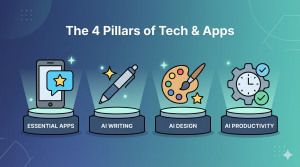 Infographic showing the 4 pillars of tech and apps: Essential Apps, AI Writing, AI Design, and AI Productivity with icons for smartphone, pen, paint palette, and robot gear