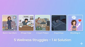 Five wellness struggles illustrated: tired mum, stress eater reaching for snacks, couch potato avoiding gym, insomniac awake at 2 AM, and person wanting AI fitness upgrade – with text AI solution below